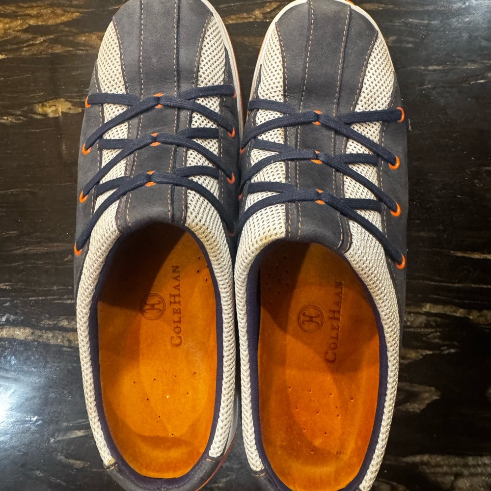 Cole Haan Navy and White Mesh Lace-Up Sneakers with Orange Accents